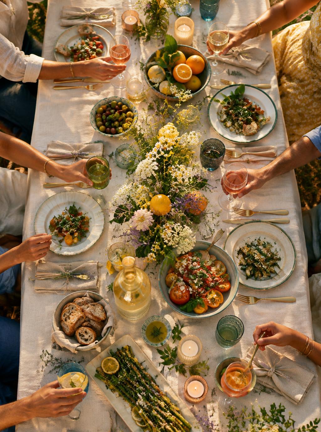 Des invités réunis autour d’une longue table éclairée à la chandelle